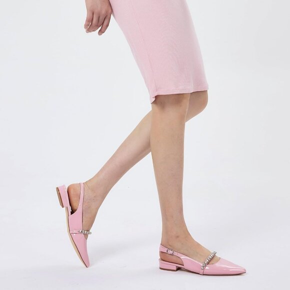 Women Pink Polyurethane (PU) Rhinestone Pointed Toe Slingback Flats Shoes - Picture 6 of 6